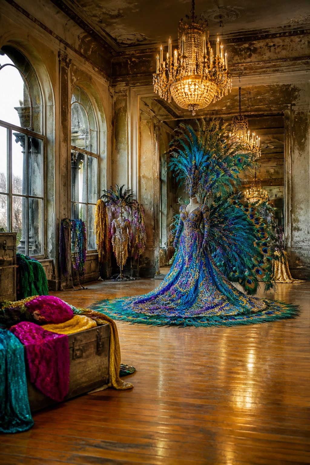 Full peacock plume costume set displayed flat to show its details.