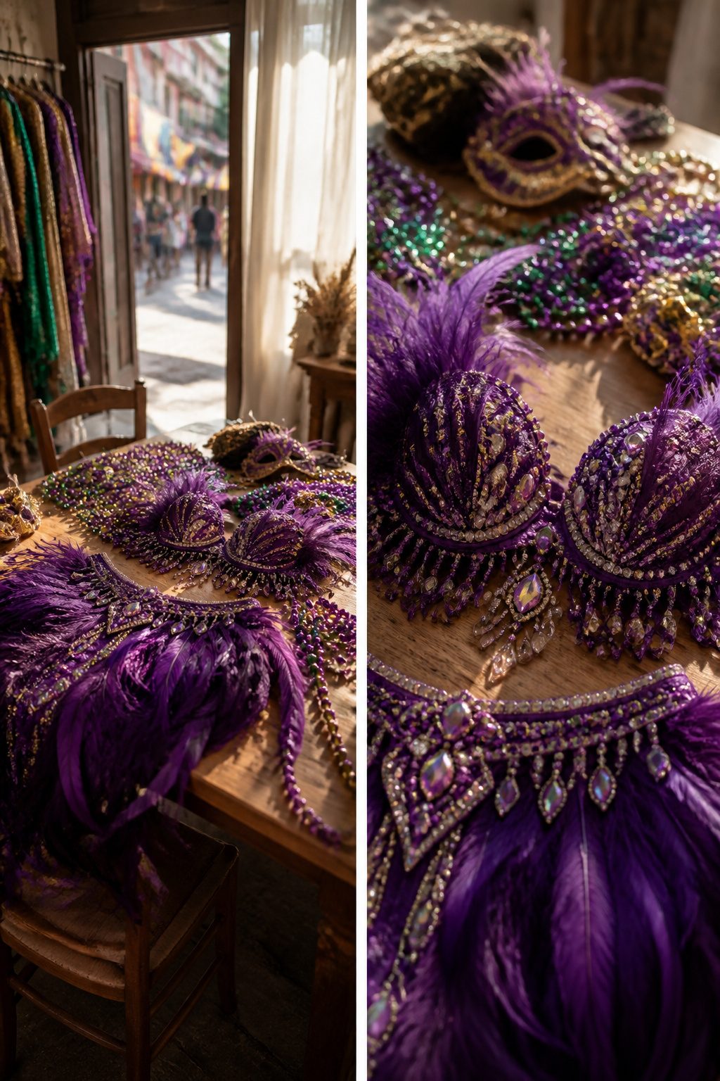 Purple feather bra and skirt set displayed on a flat surface.