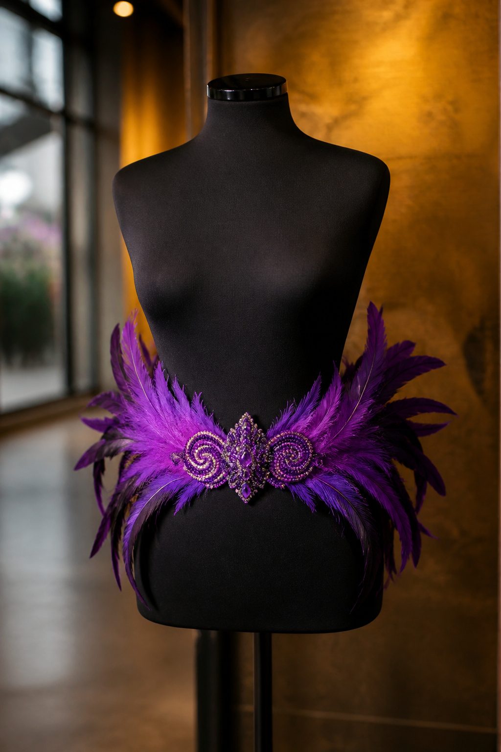 Purple feather belt with a swirl design displayed on a flat surface.