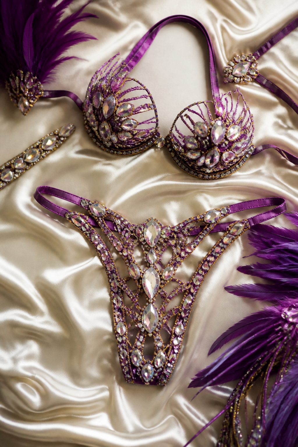 Purple samba carnival wire bra and crystal cutout bottoms on a surface.