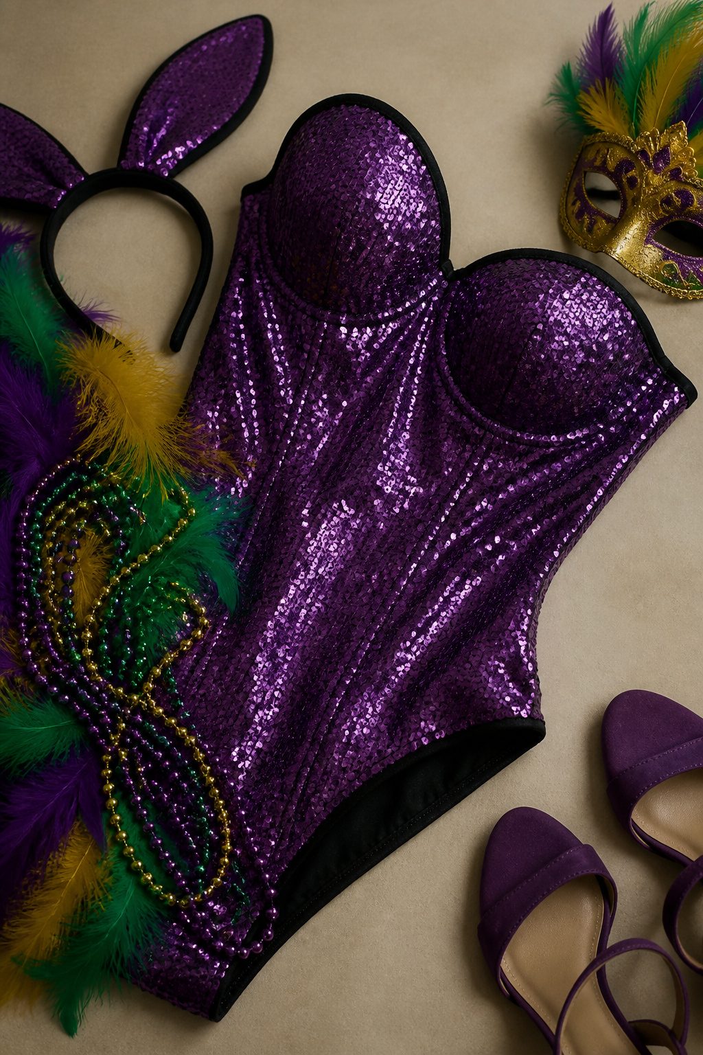 Purple sweetheart sequin bodysuit shown on a flat surface.