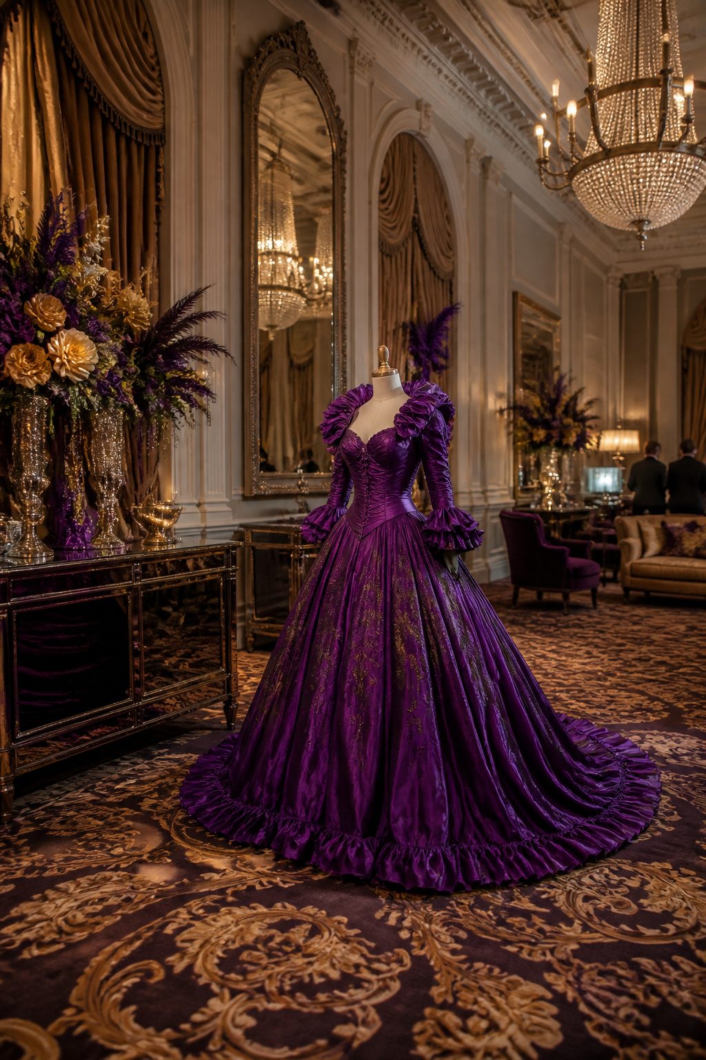 Victorian ball gown with ruffle collar displayed on a flat surface.
