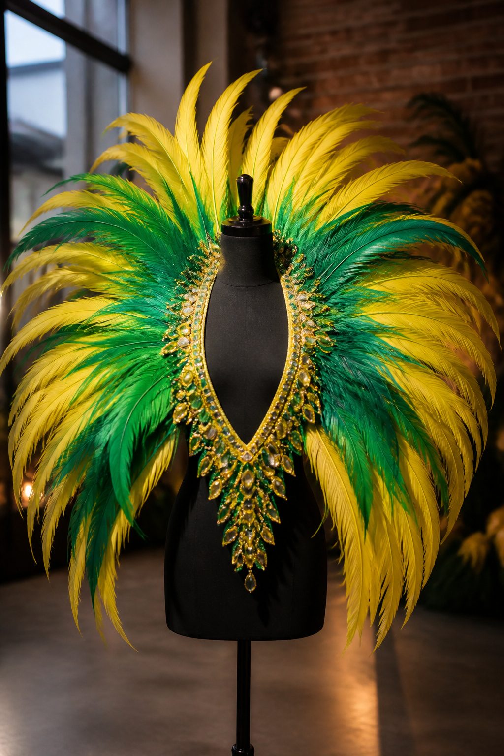 Green and yellow feather collar laid out on a flat surface.