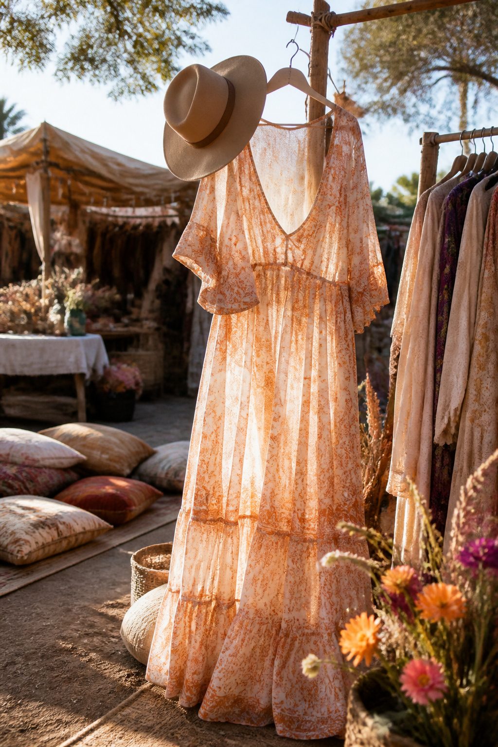 25 Morgan Wallen Concert Outfit Ideas for 2026 Shows 14 Boho maxi dress and wide-brim hat in an outdoor market.