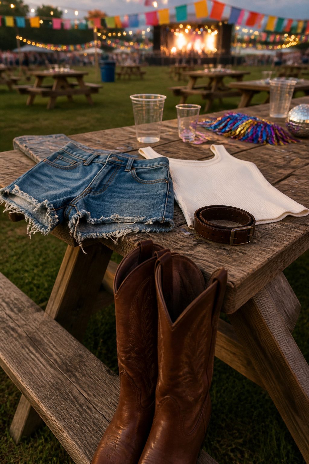 25 Morgan Wallen Concert Outfit Ideas for 2026 Shows 4 Cut-off denim shorts and tall western boots on a picnic table.