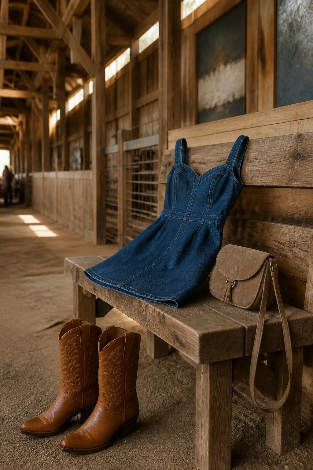 25 Morgan Wallen Concert Outfit Ideas for 2026 Shows 1 Denim mini dress and polished mid-calf cowboy boots on a bench.