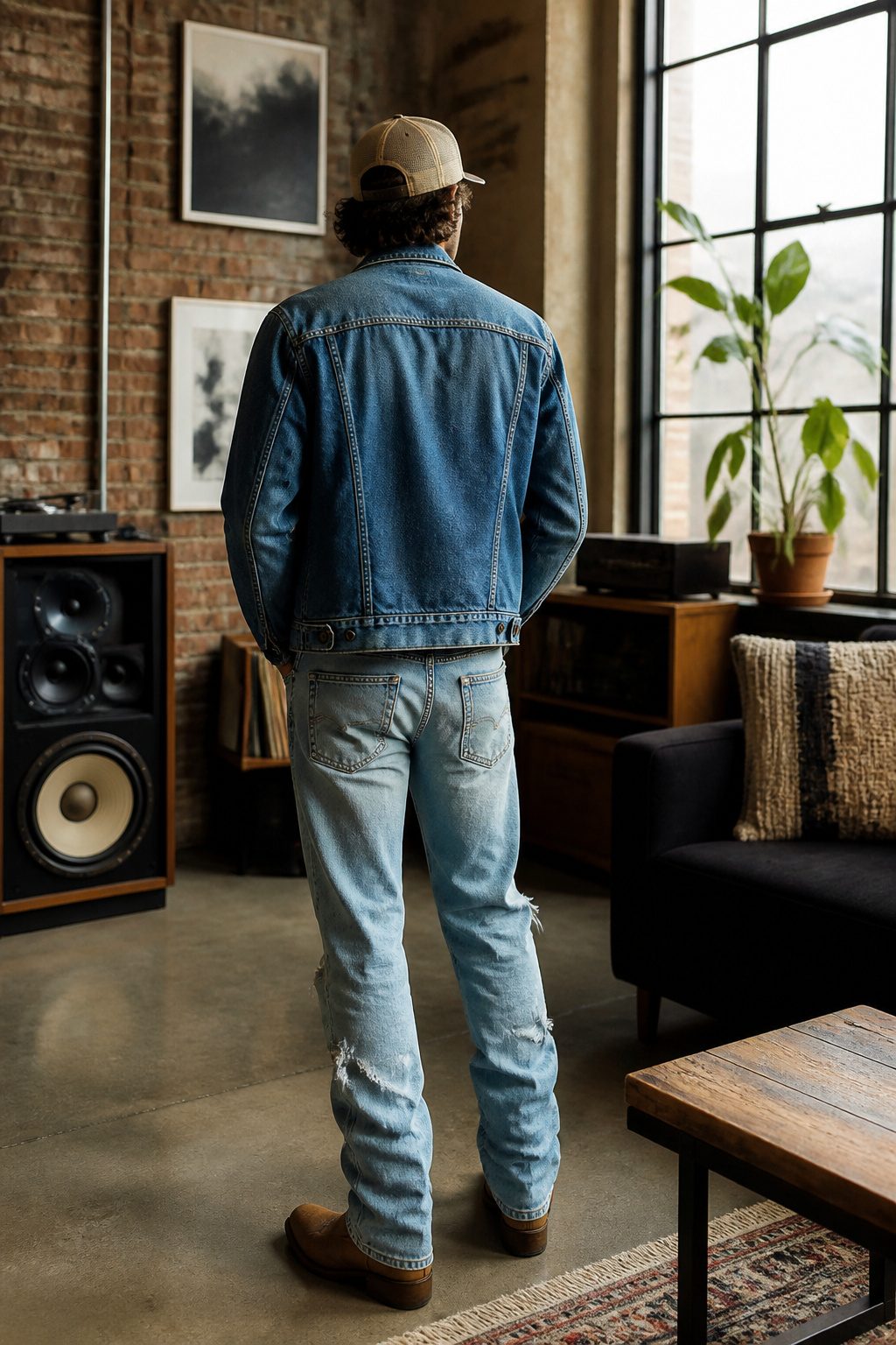 25 Morgan Wallen Concert Outfit Ideas for 2026 Shows 13 Double denim outfit with a trucker hat in an urban space.