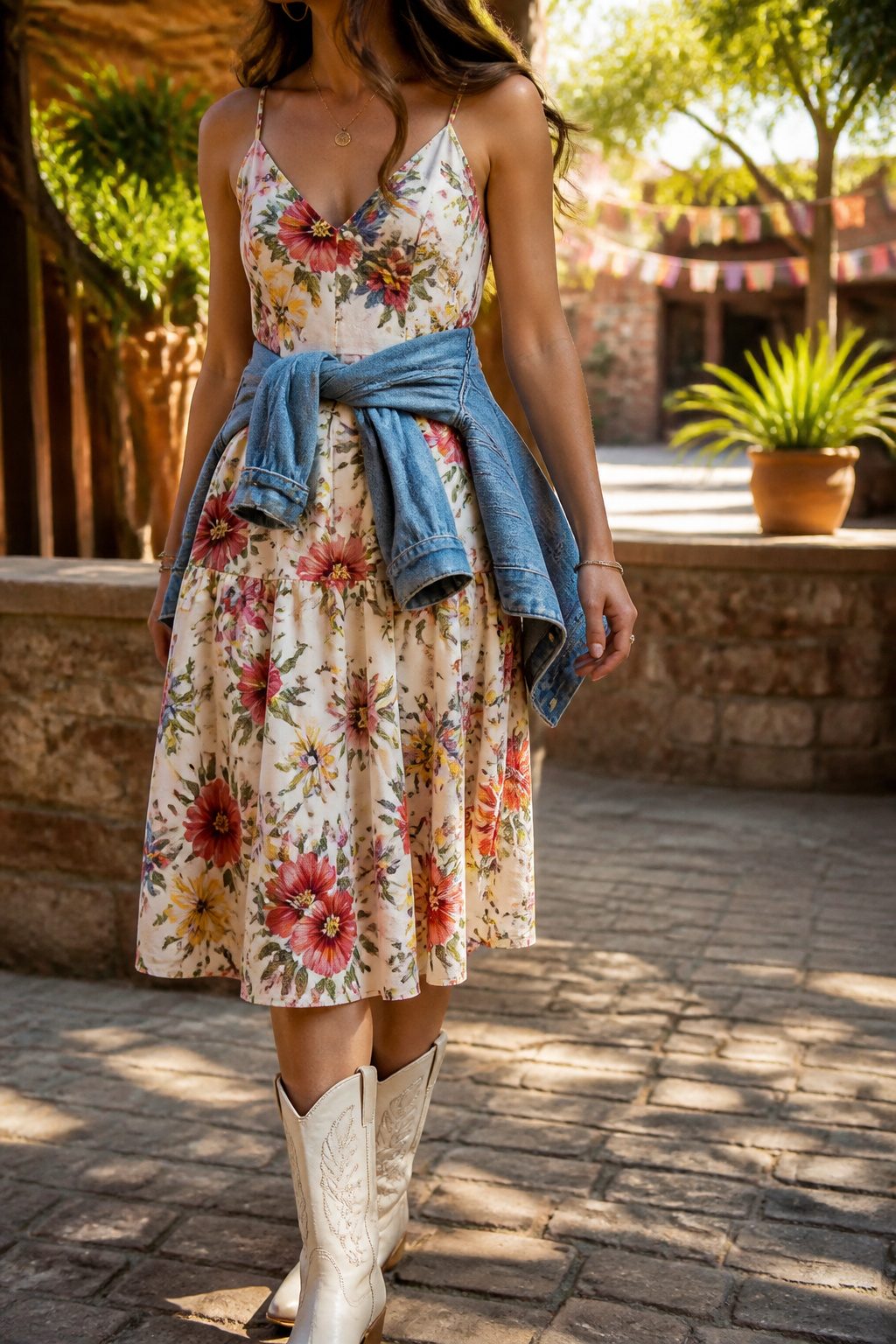 25 Morgan Wallen Concert Outfit Ideas for 2026 Shows 2 Floral midi sundress and cowboy boots in a rustic courtyard.