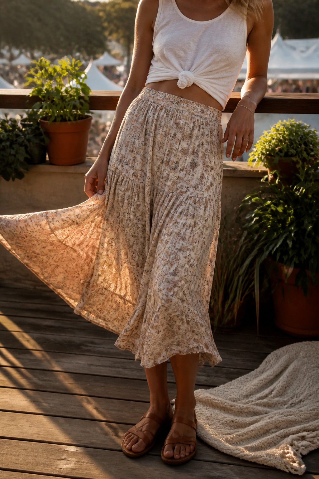 25 Morgan Wallen Concert Outfit Ideas for 2026 Shows 21 Flowy midi skirt and knotted tank top on a terrace.