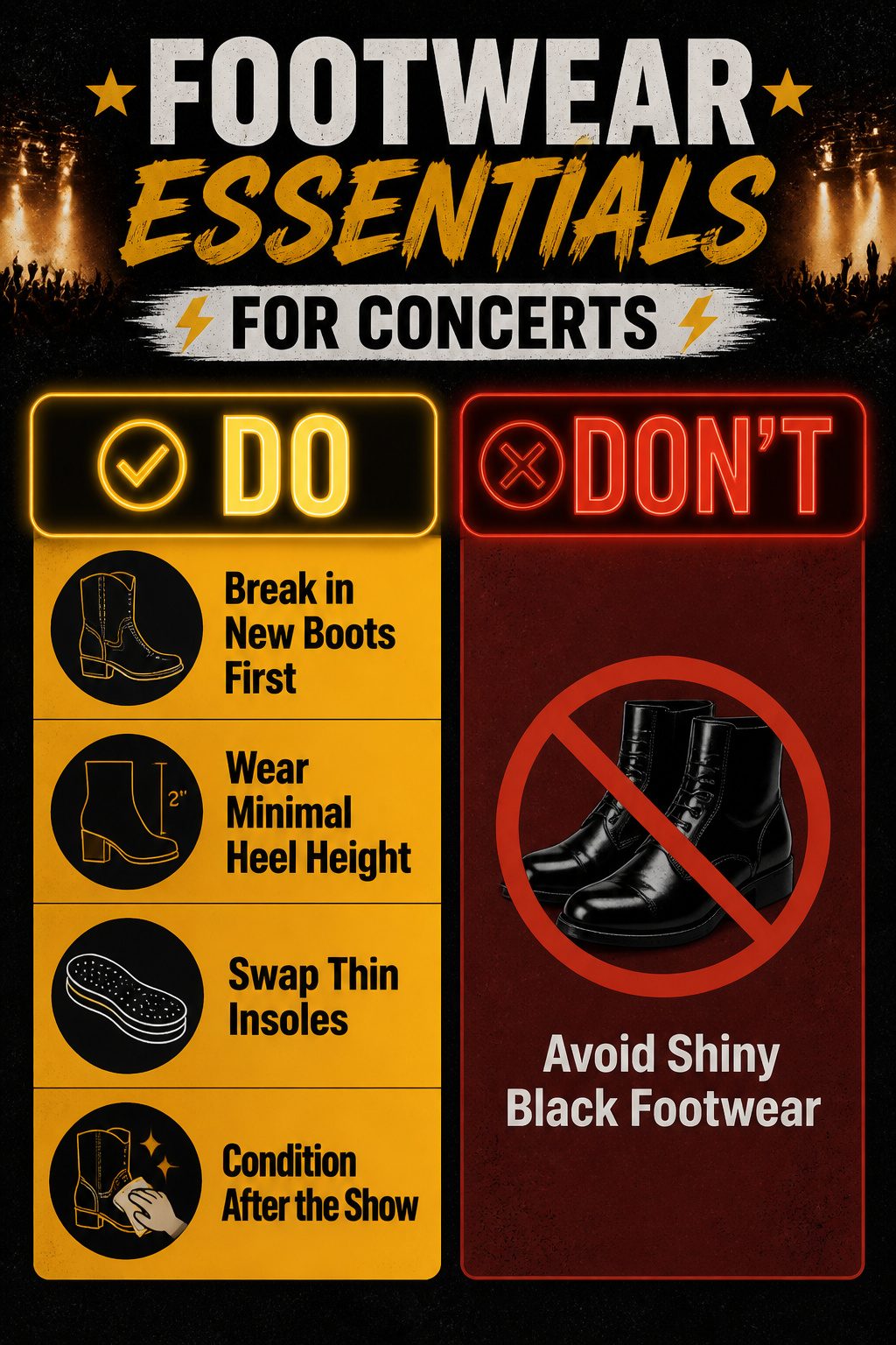 25 Morgan Wallen Concert Outfit Ideas for 2026 Shows 27 Footwear options for concerts including cowboy boots and sneakers.