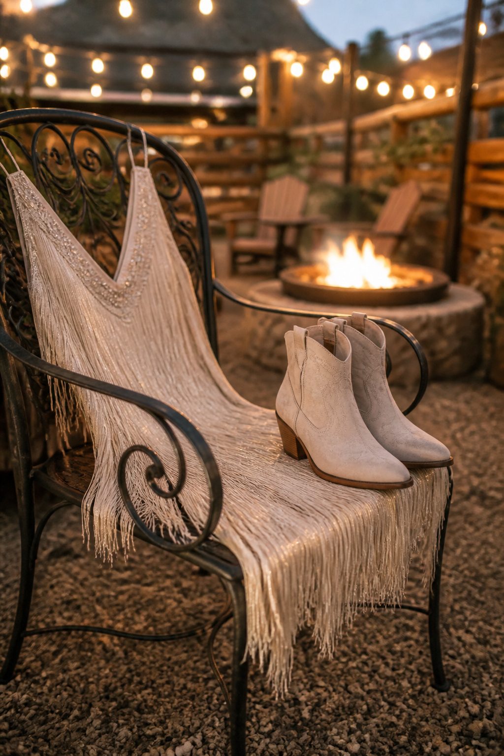 25 Morgan Wallen Concert Outfit Ideas for 2026 Shows 22 Fringe dress and western booties on a wrought-iron chair.