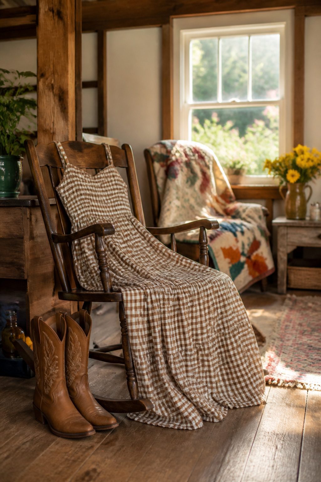 25 Morgan Wallen Concert Outfit Ideas for 2026 Shows 24 Gingham print dress and cowboy boots on a rocking chair.