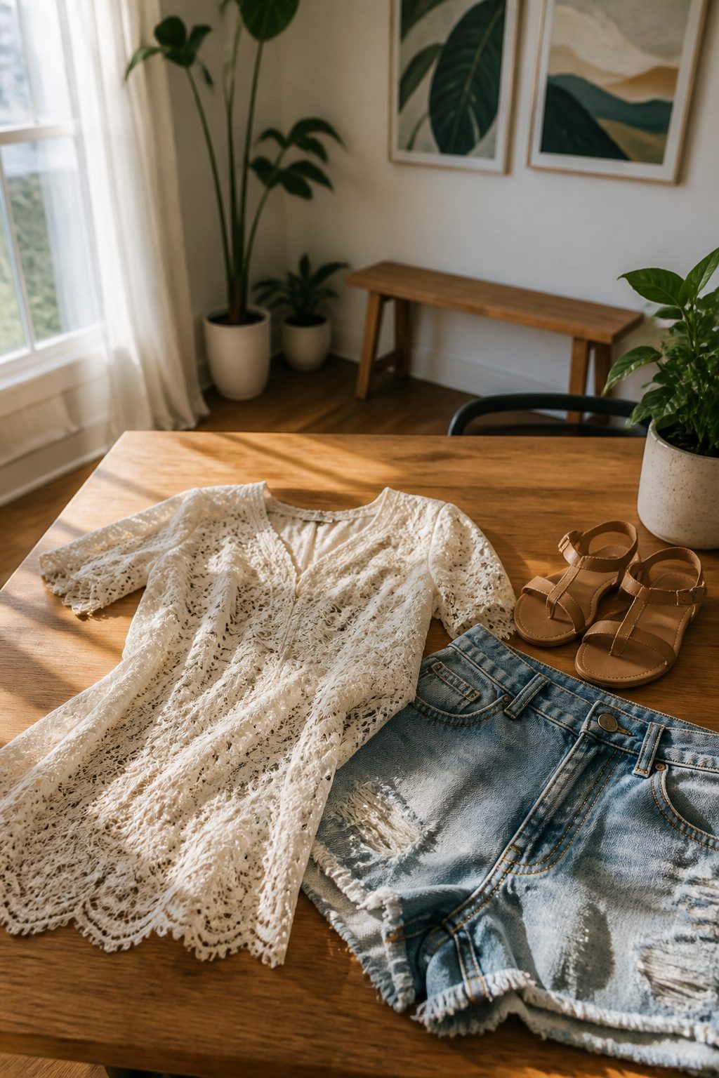 25 Morgan Wallen Concert Outfit Ideas for 2026 Shows 17 Lace blouse and distressed denim skirt on a wooden table.