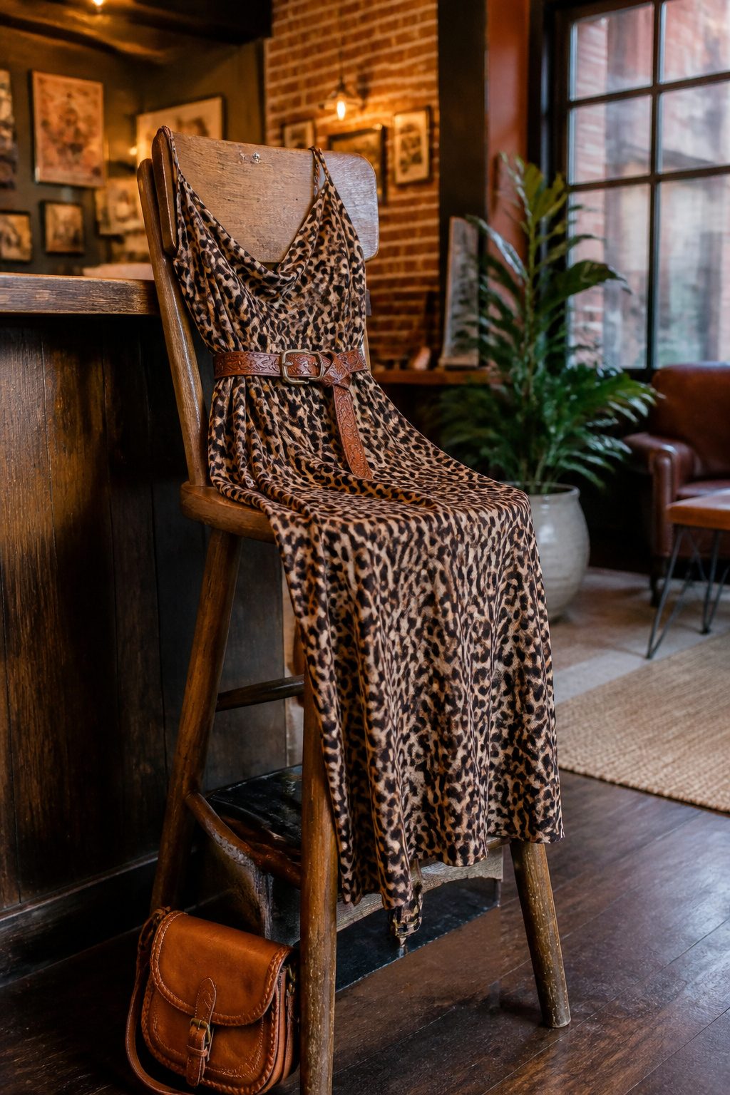 25 Morgan Wallen Concert Outfit Ideas for 2026 Shows 8 Leopard print midi dress with a leather belt in a rustic café.