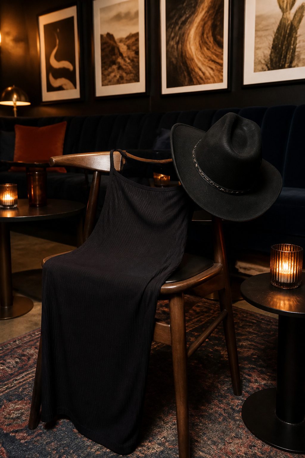 25 Morgan Wallen Concert Outfit Ideas for 2026 Shows 9 Little black dress and cowboy hat on a wooden chair.