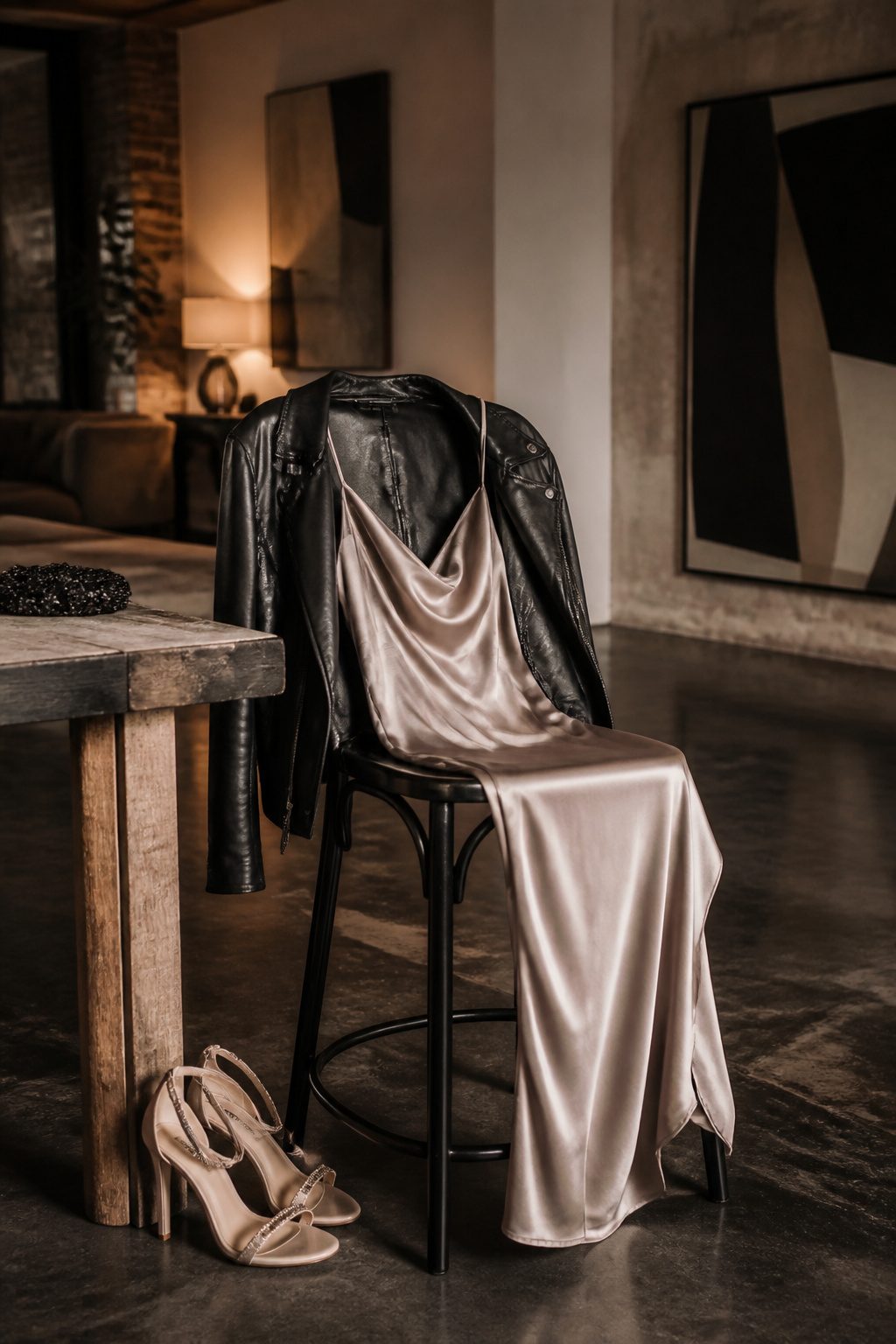 25 Morgan Wallen Concert Outfit Ideas for 2026 Shows 11 Chic midi slip dress and leather jacket on a barstool.