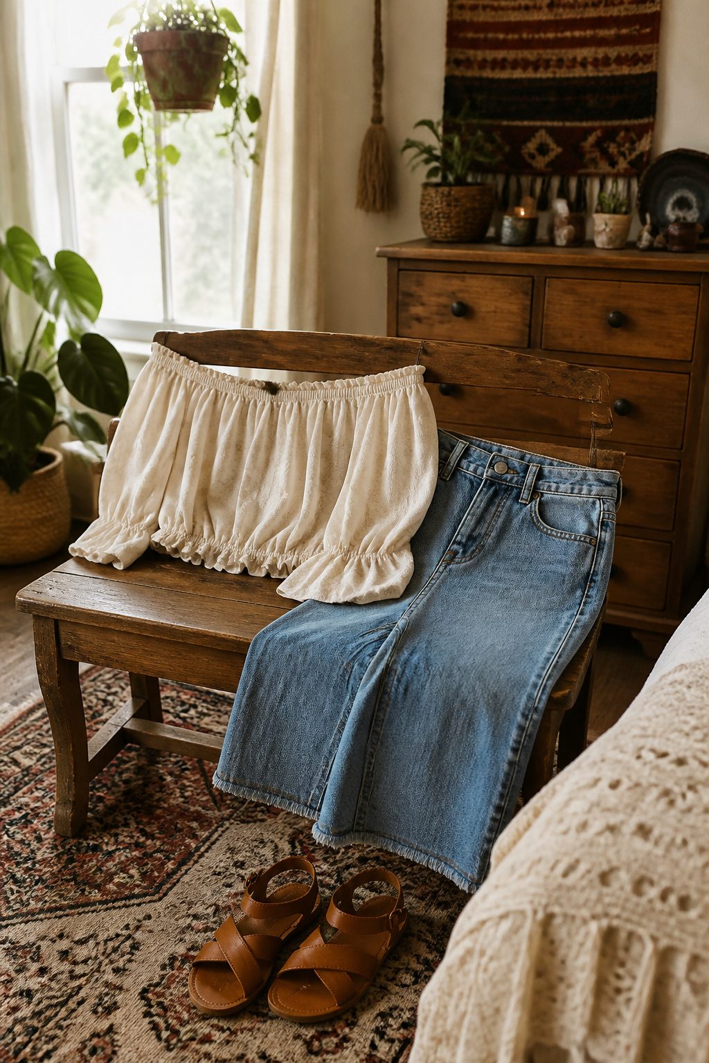 25 Morgan Wallen Concert Outfit Ideas for 2026 Shows 10 Off-shoulder top and denim skirt on a vintage bench.