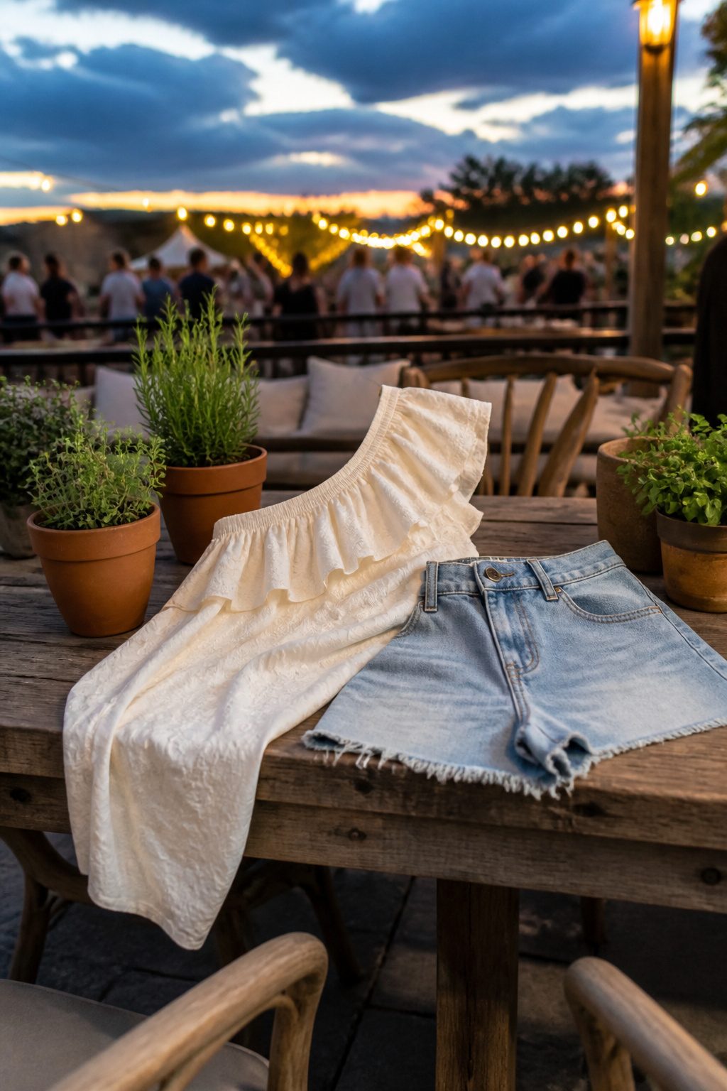 25 Morgan Wallen Concert Outfit Ideas for 2026 Shows 12 One-shoulder top and denim shorts on a rustic table.