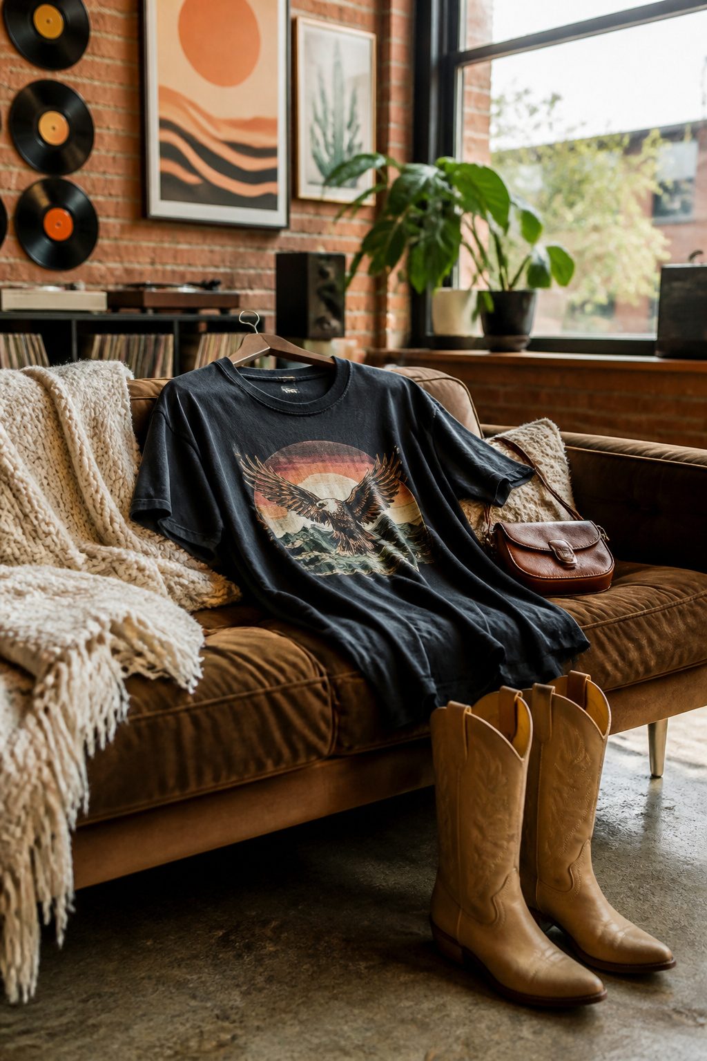 25 Morgan Wallen Concert Outfit Ideas for 2026 Shows 18 Oversized graphic tee and cowboy boots on a couch.