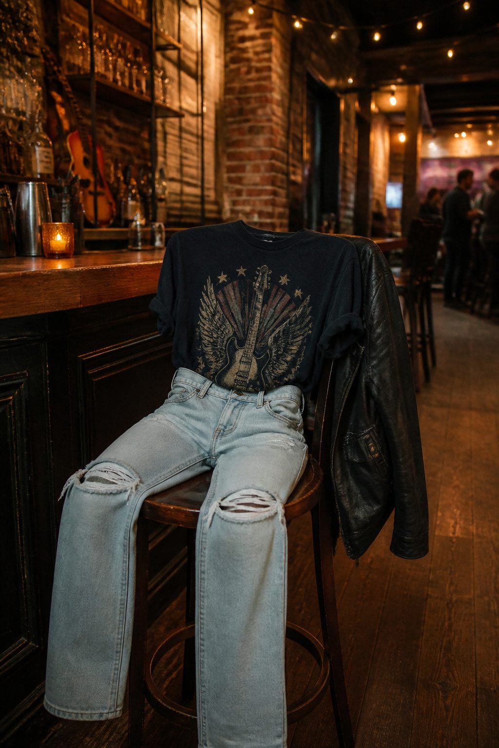 25 Morgan Wallen Concert Outfit Ideas for 2026 Shows 23 Ripped light-wash jeans and band tee on a barstool.