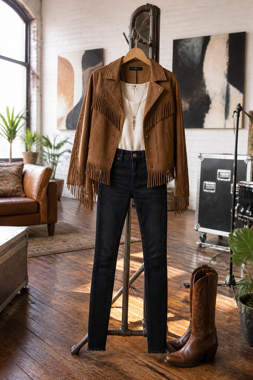 25 Morgan Wallen Concert Outfit Ideas for 2026 Shows 7 Suede fringe jacket and skinny jeans in an urban loft.