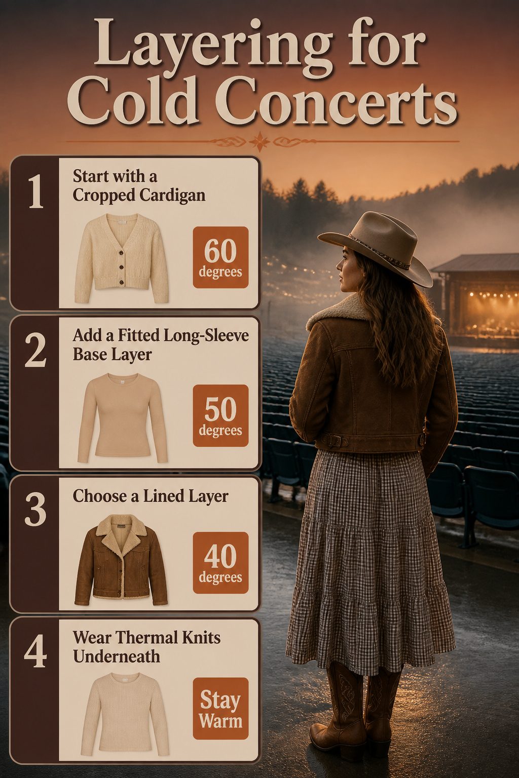 25 Morgan Wallen Concert Outfit Ideas for 2026 Shows 26 Layering clothing options for cold concerts displayed on a table.