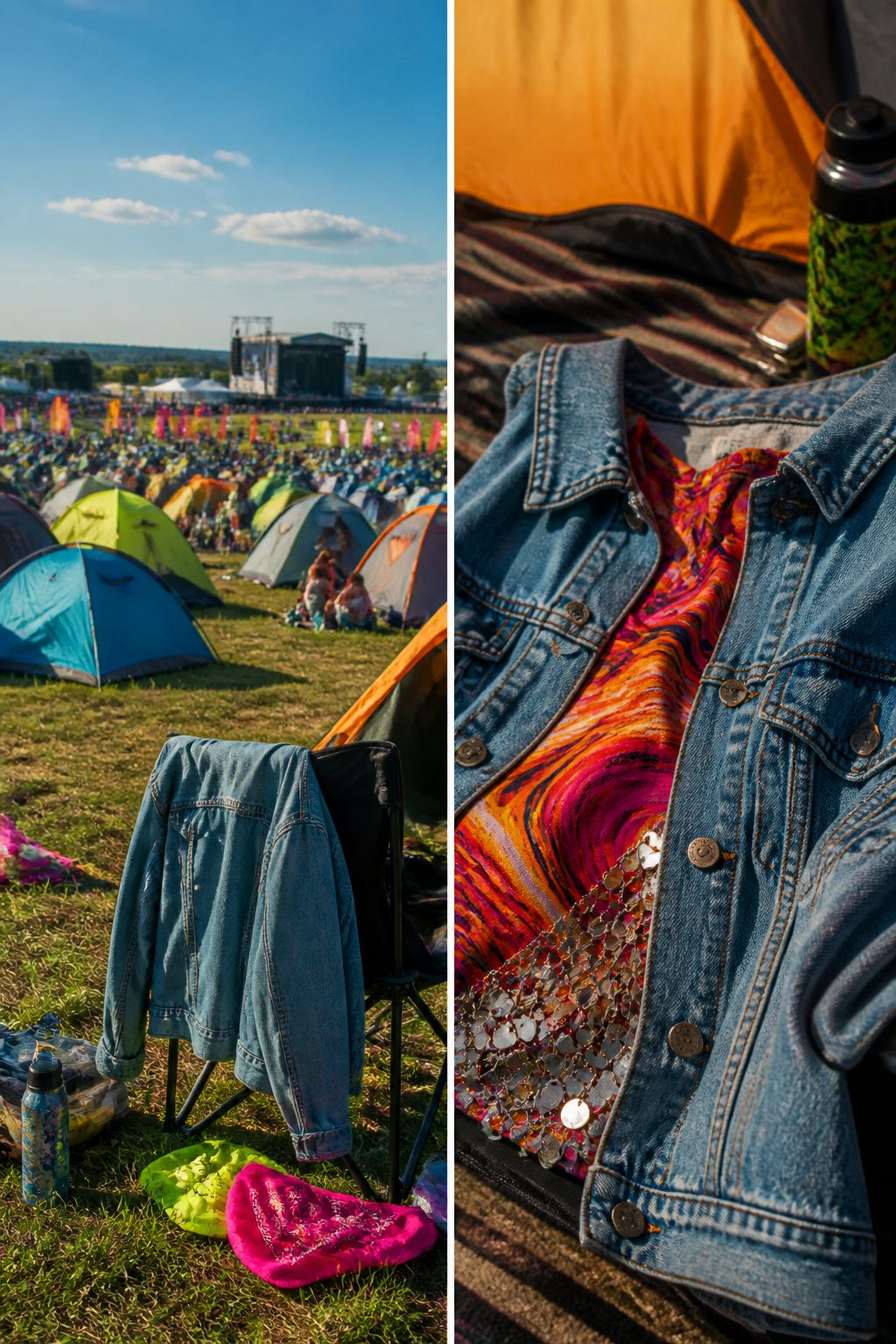 Denim jacket displayed as a lightweight layer for festival outfits.