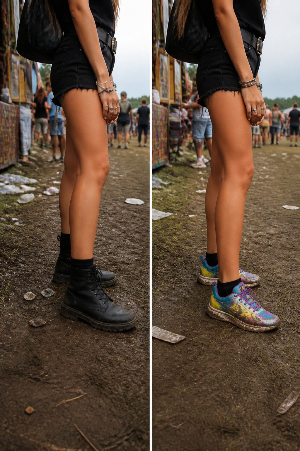 Variety of sneakers shown as ideal footwear for music festivals.