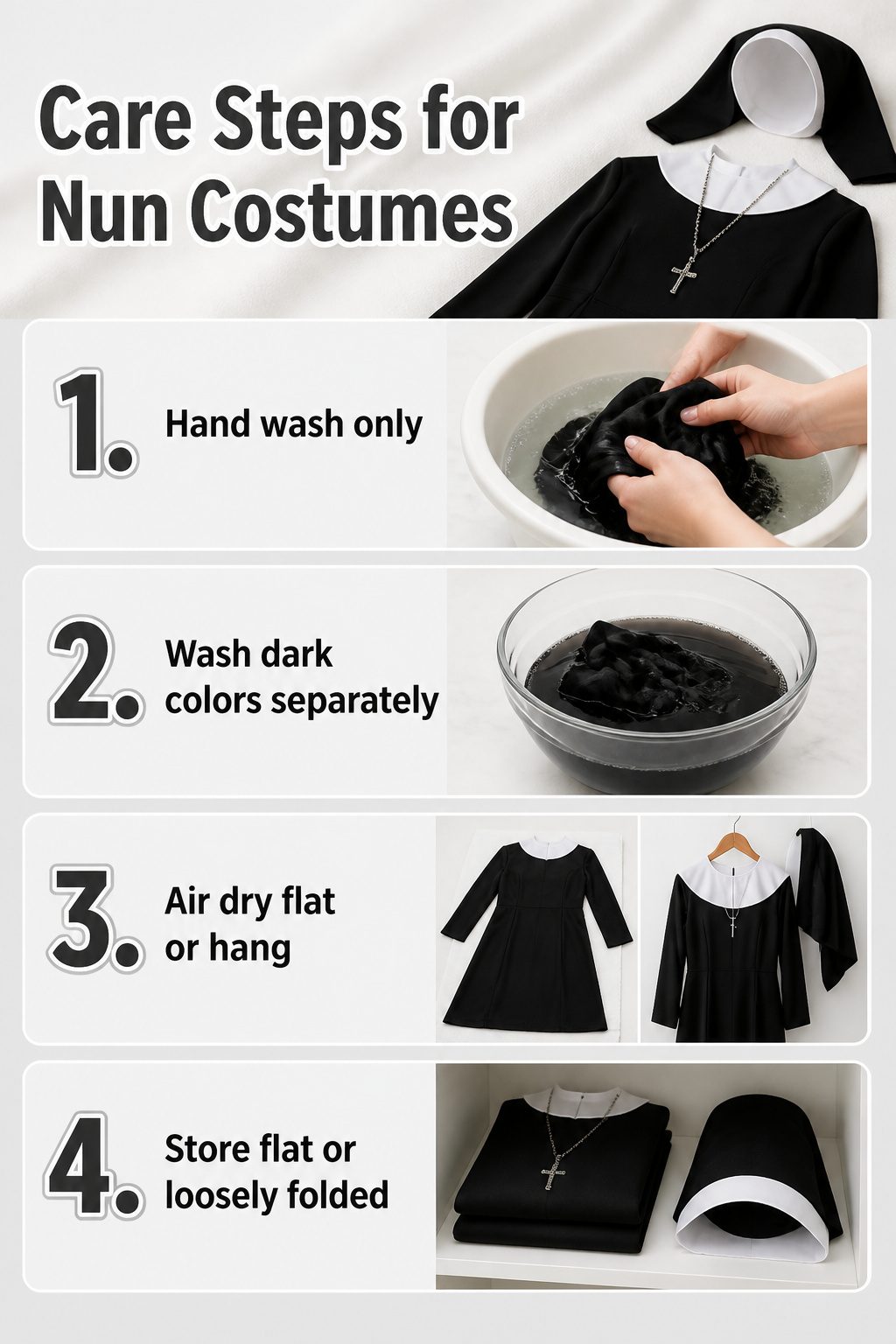Care steps for nun costumes including washing and drying instructions.