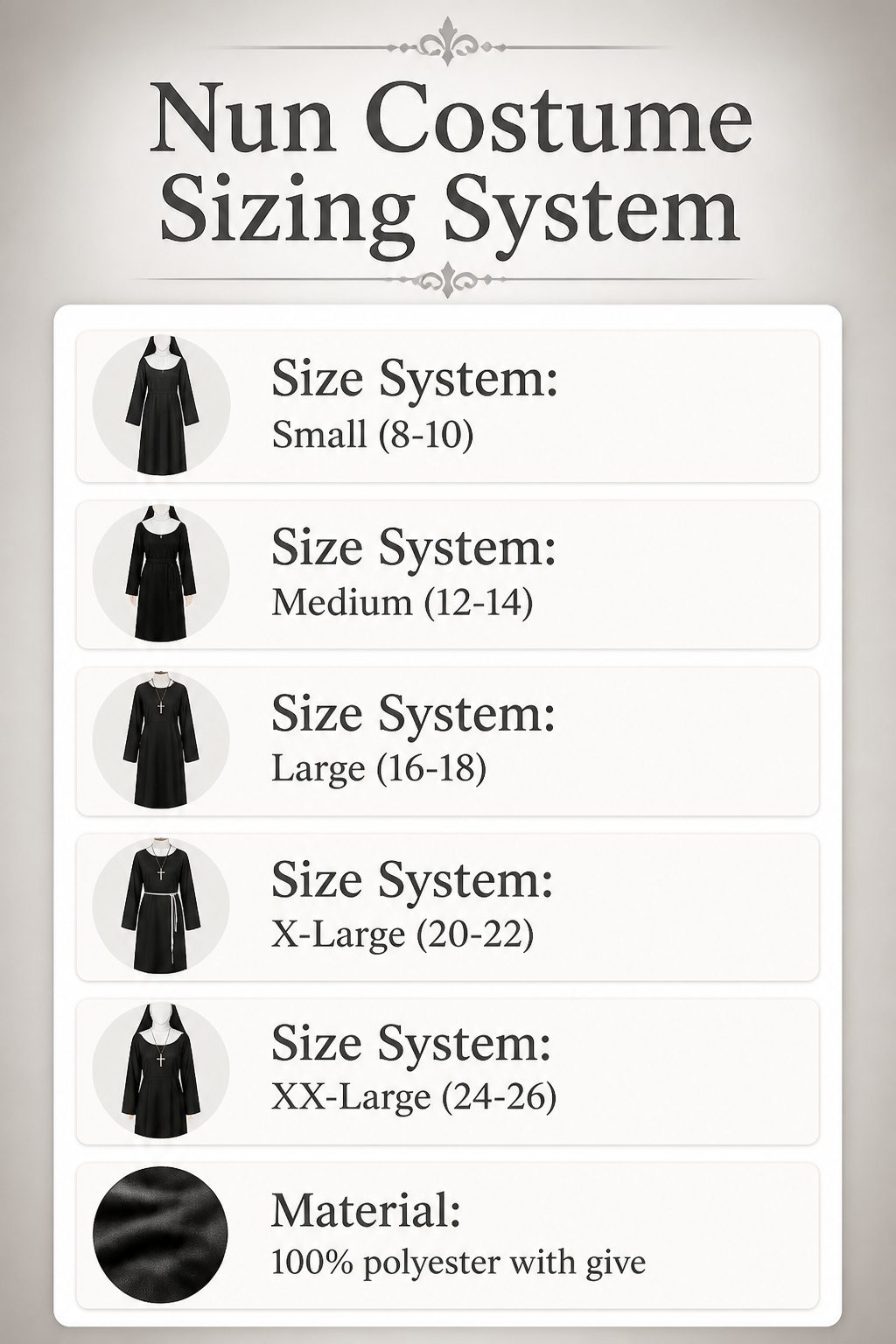 Sizing information for women's nun costumes indicating sizes Small to XX-Large.