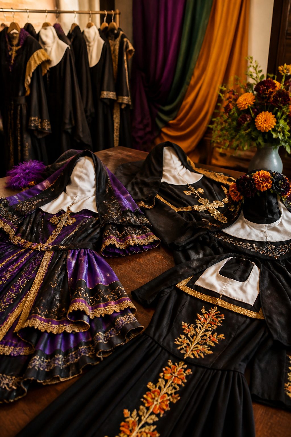 A collection of decorative nun costumes with unique elements displayed.