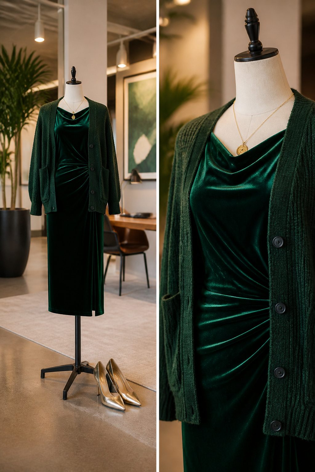 A velvet dress styled with a knit cardigan for a cohesive look.
