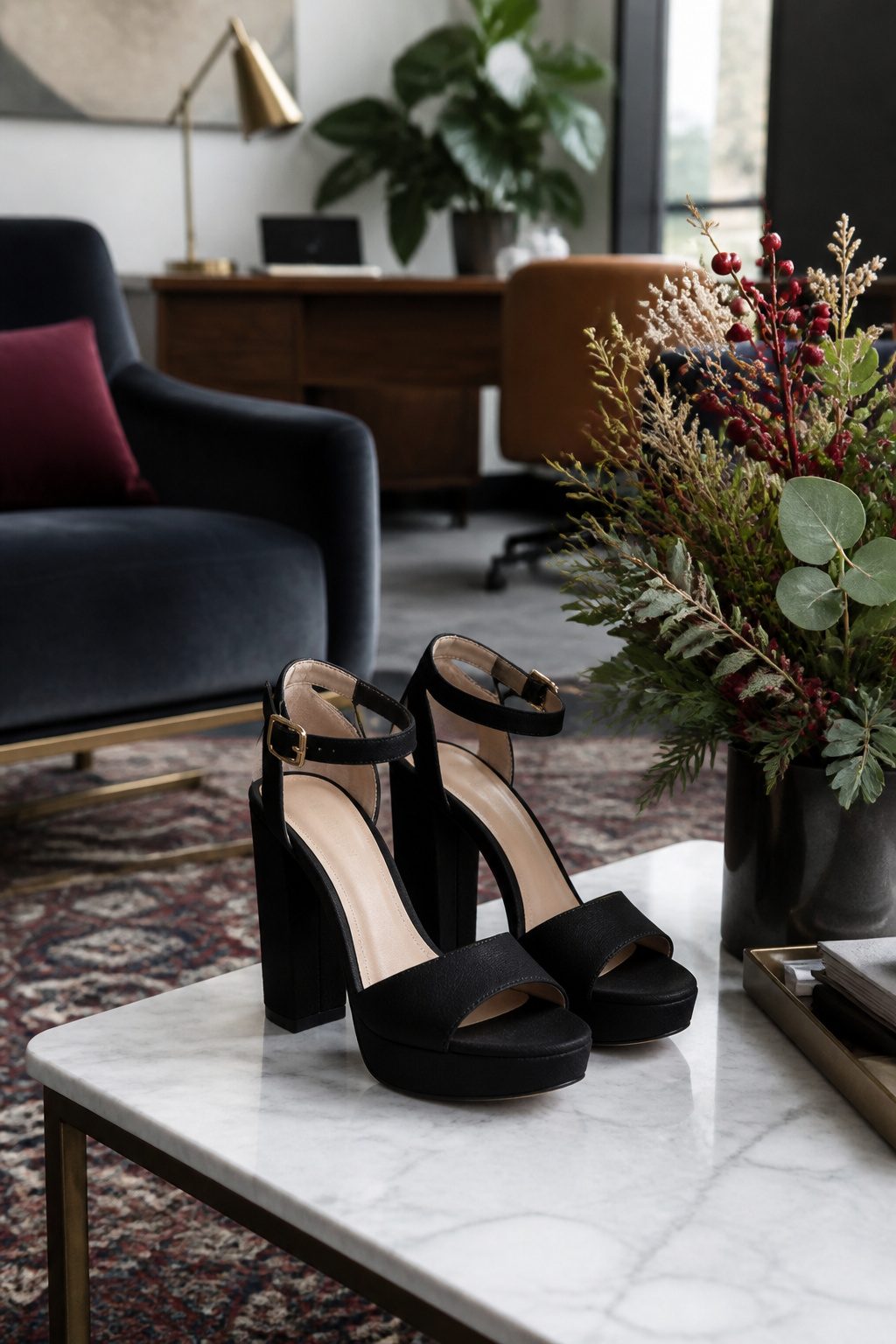 A pair of stylish black platform heels displayed in an office.