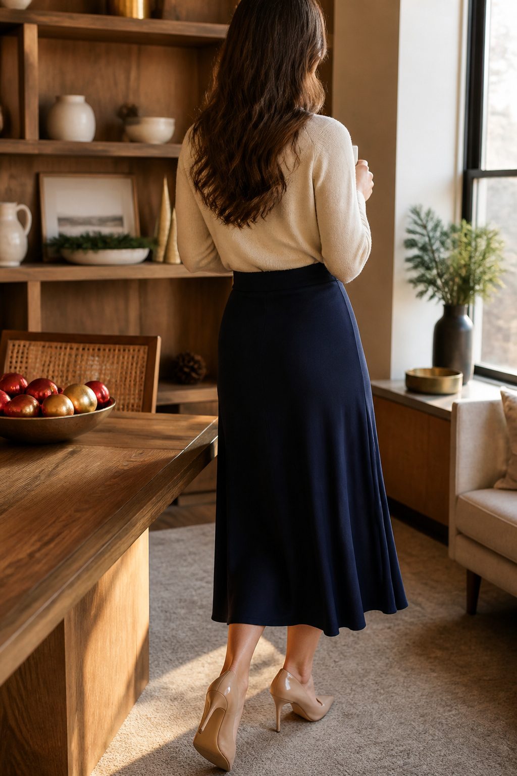 A navy midi skirt paired with a cream cashmere sweater.