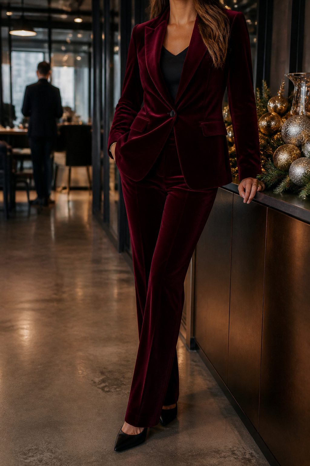 A deep burgundy velvet suit with a fitted jacket and black shell.