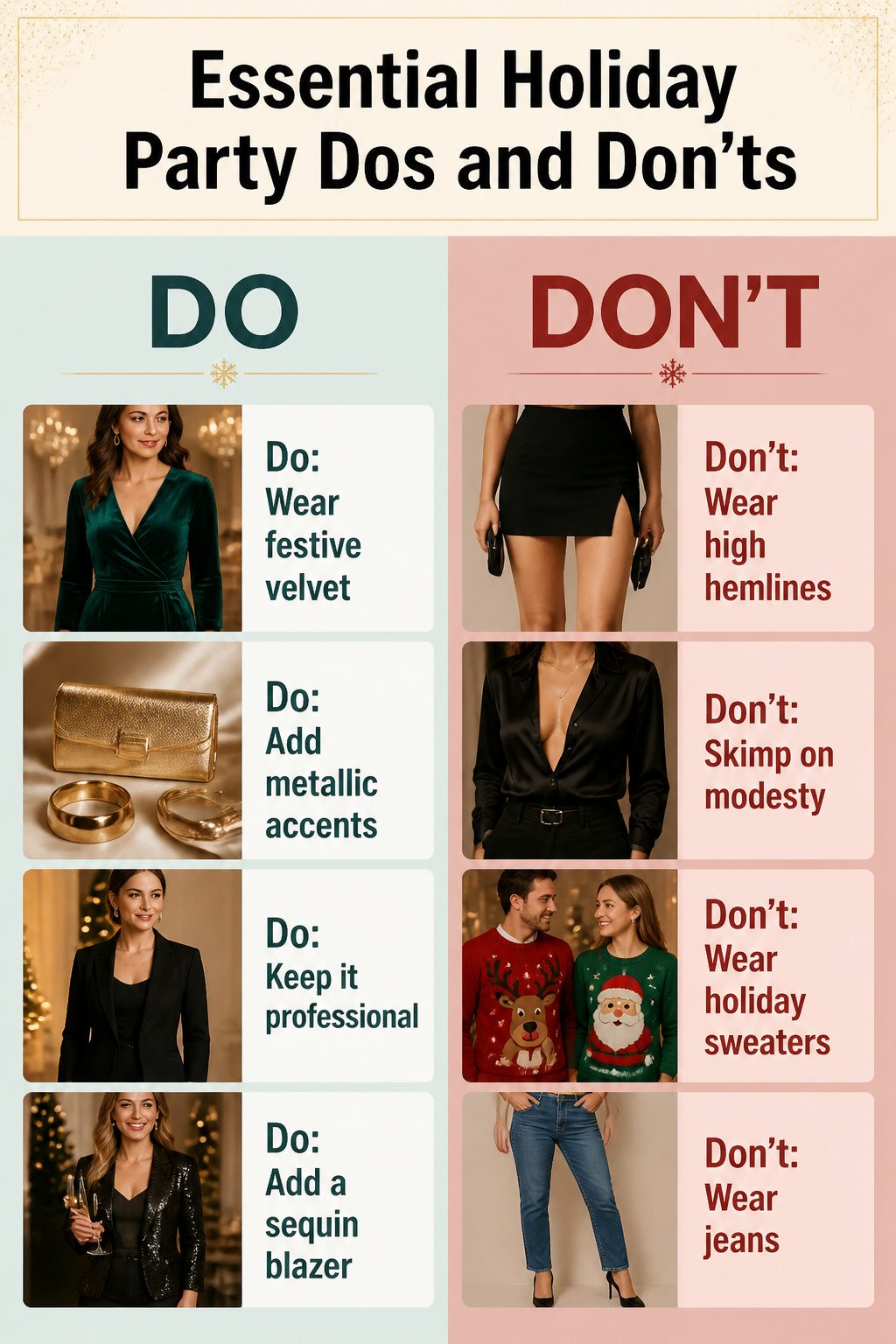 An image listing essential dos and don'ts for holiday party attire.
