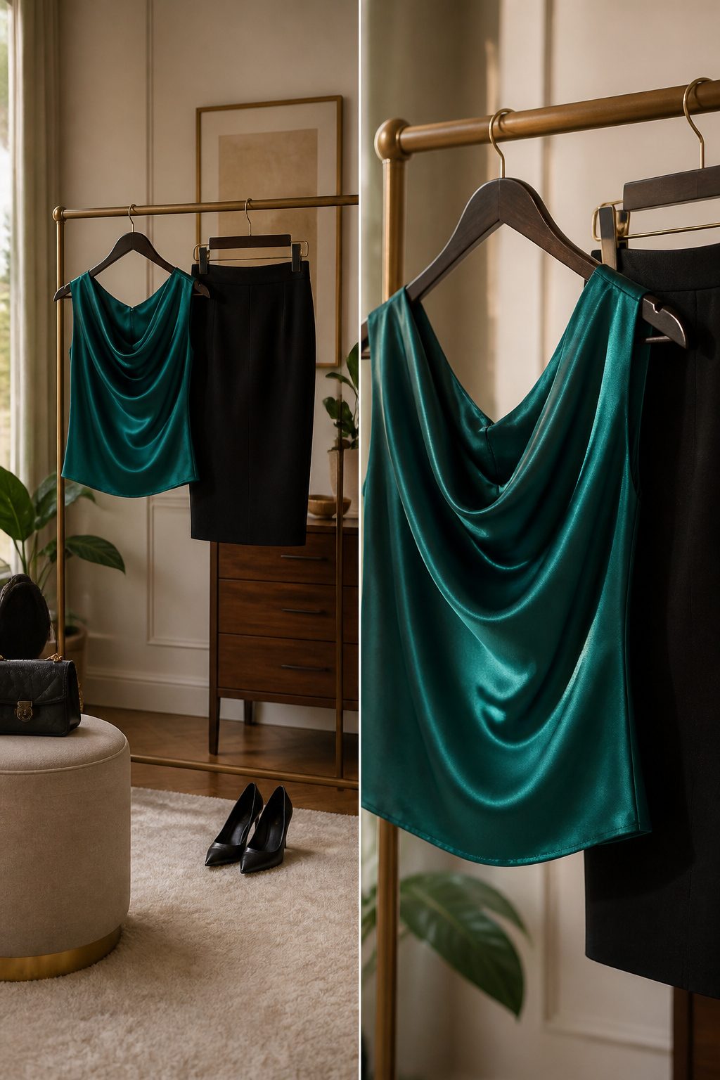 A vibrant statement top displayed alongside a pair of black trousers.