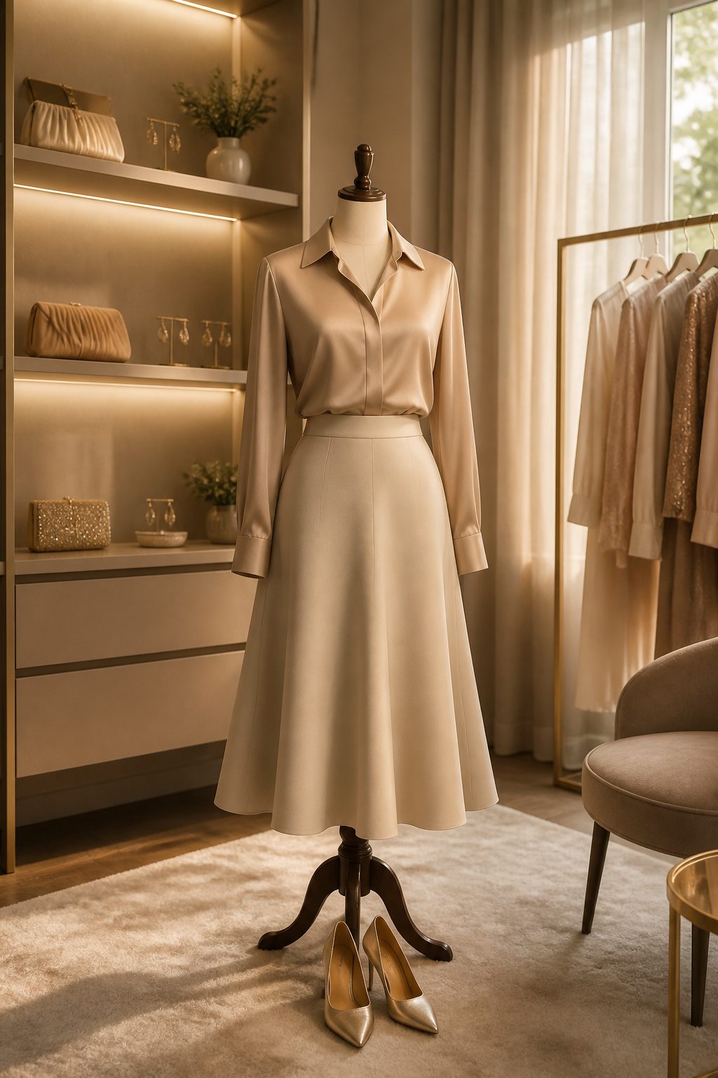 A mannequin in an elegant dressing room wearing a structured silk blouse and skirt.