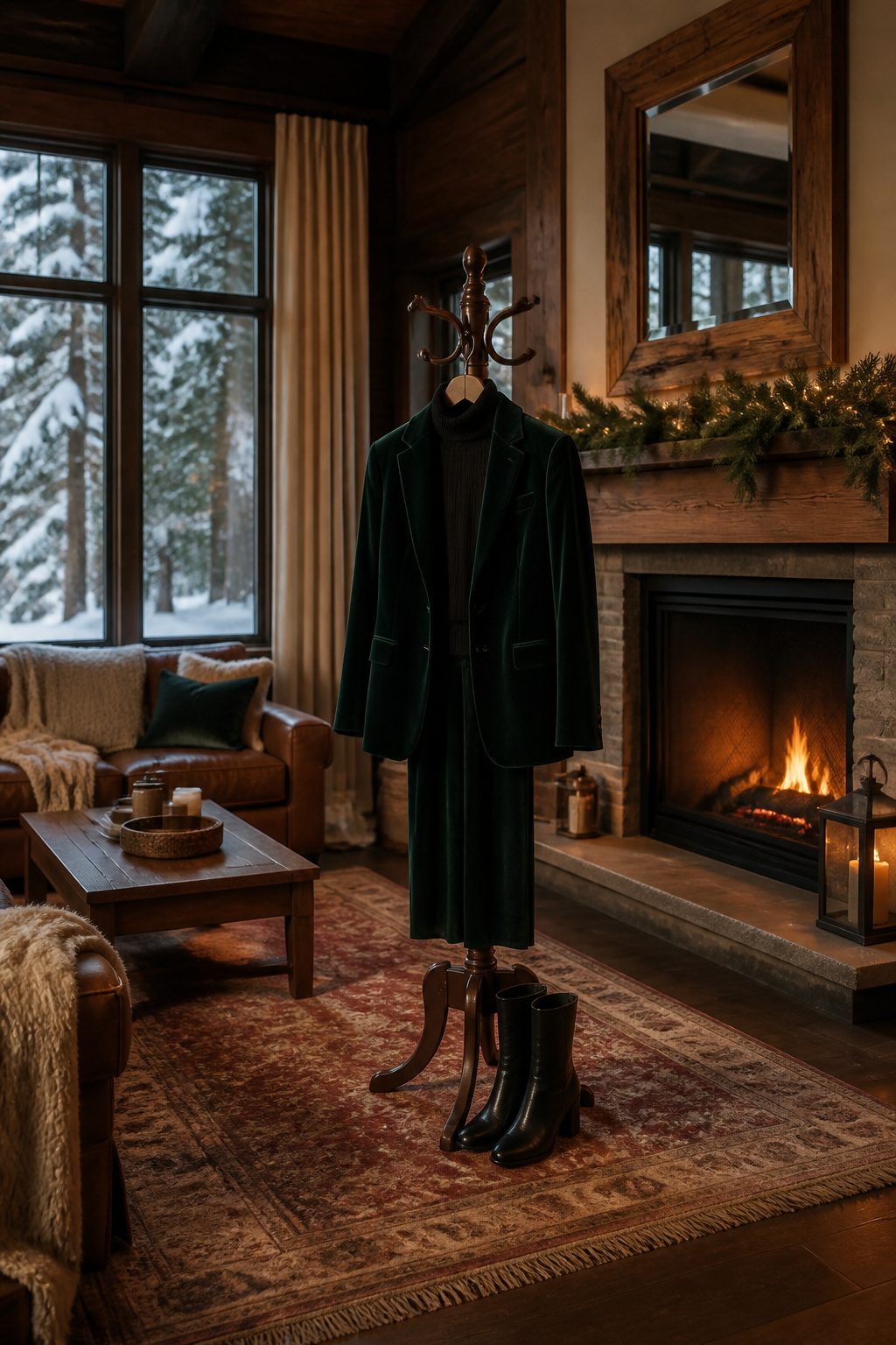 A cozy winter outfit featuring layered fabrics and rich colors.