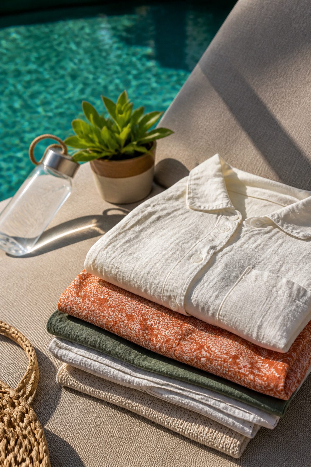 Pool Party Outfits: What to Wear, From Swimwear to Accessories 5 Cotton and linen clothes laid out on a sun-drenched lounge chair.