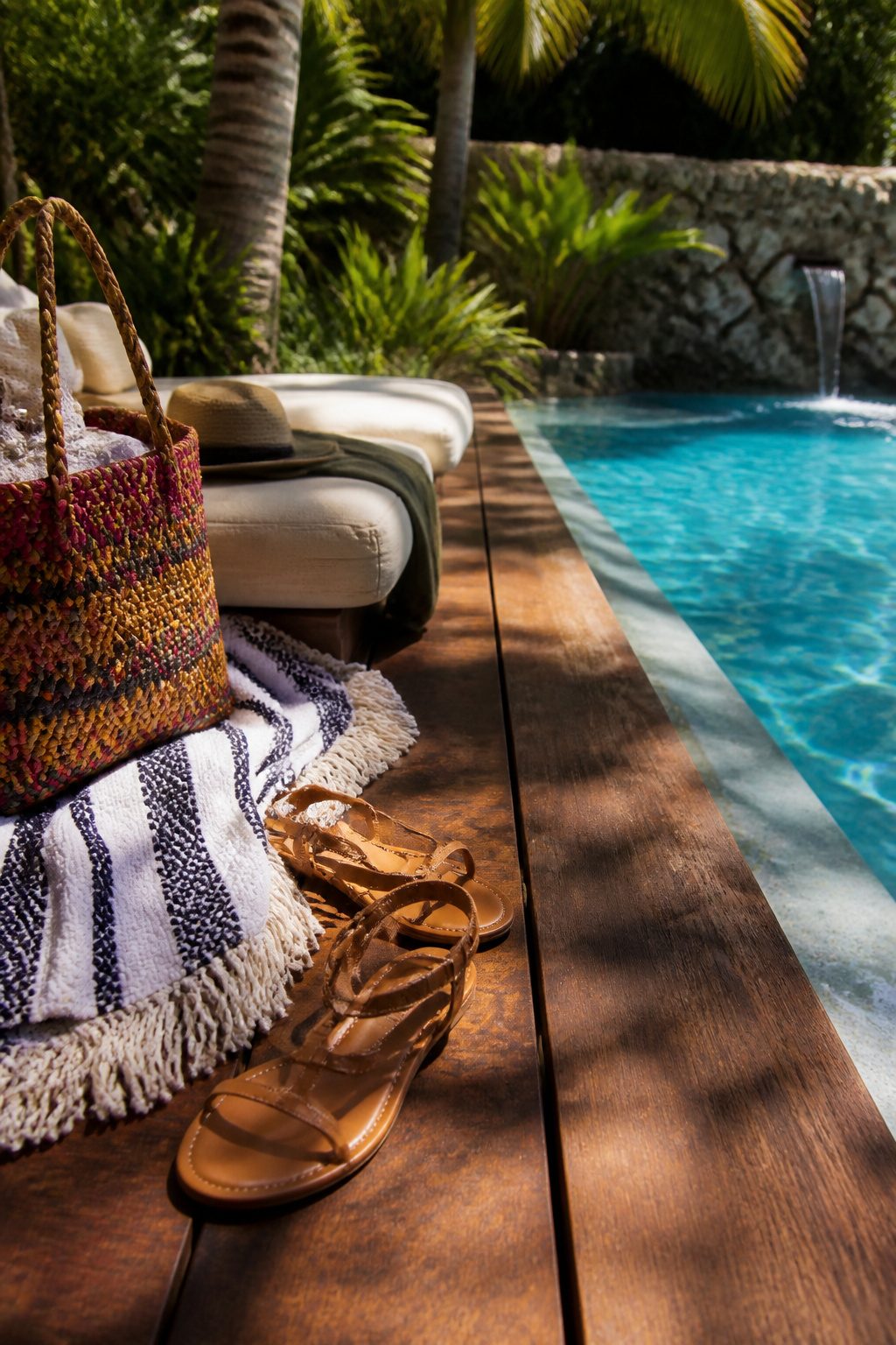 Pool Party Outfits: What to Wear, From Swimwear to Accessories 3 A pair of strappy sandals next to a beach towel and a woven bag.