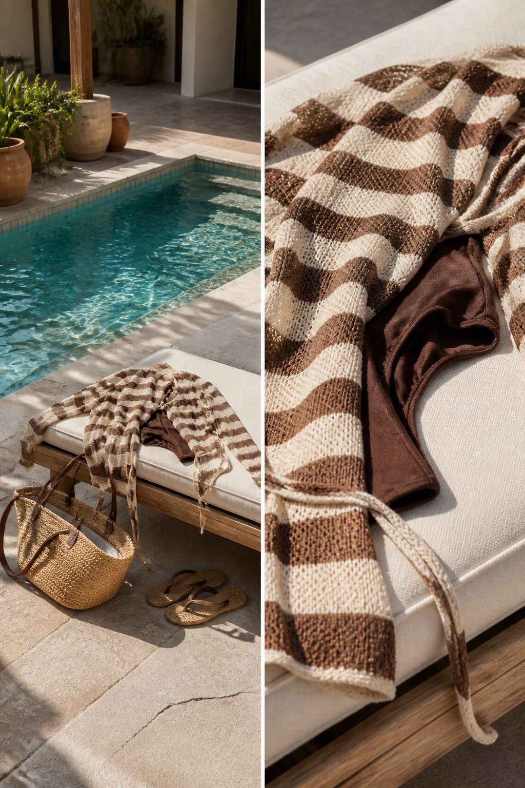 Pool Party Outfits: What to Wear, From Swimwear to Accessories 7 A striped cover-up over a brown one-piece swimsuit on a lounge chair.