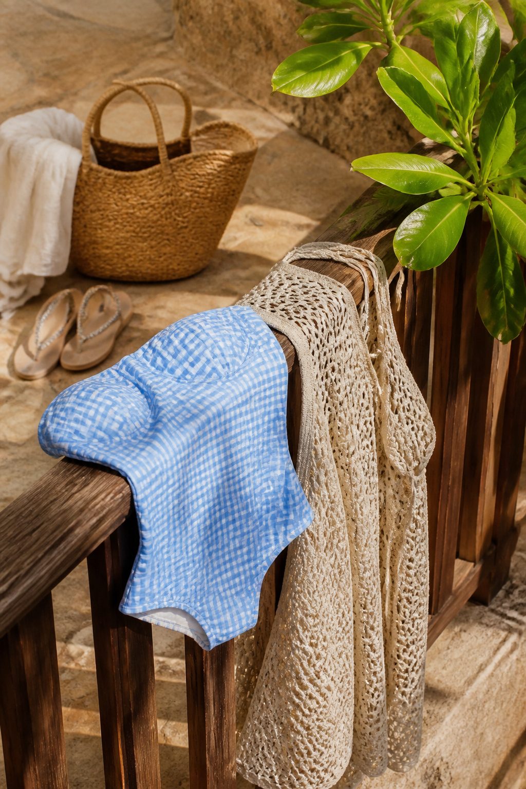Pool Party Outfits: What to Wear, From Swimwear to Accessories 8 A blue gingham swimsuit with a crochet dress draped over a wooden banister.