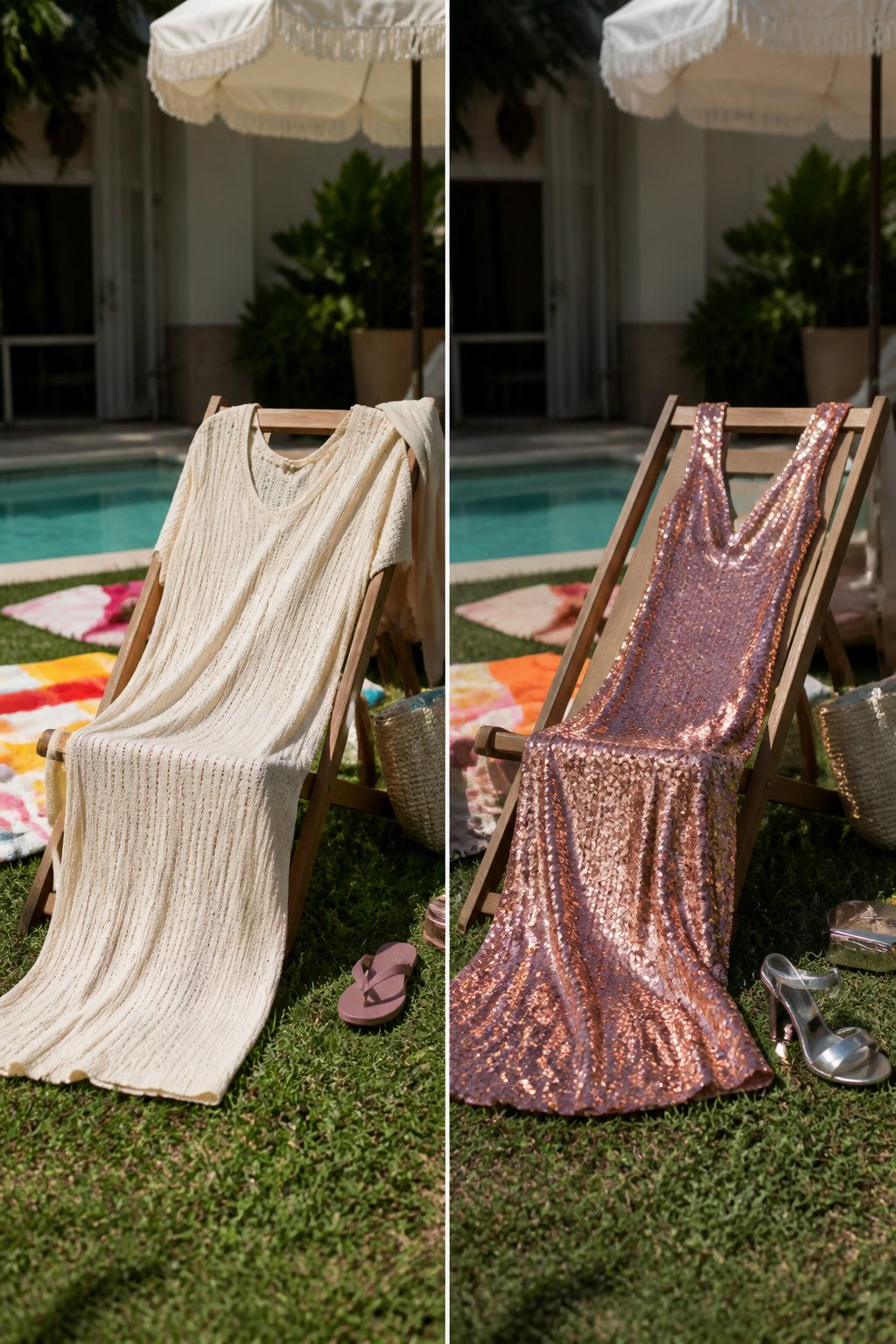 Pool Party Outfits: What to Wear, From Swimwear to Accessories 6 A lightweight cover-up displayed beside a knee-length tee and swim briefs.