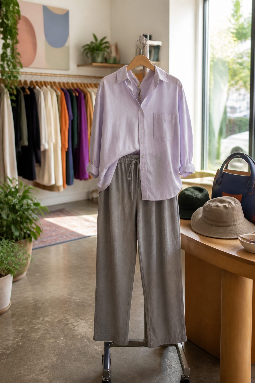 Relaxed-fit trousers and a loose button-up top displayed in a boutique.
