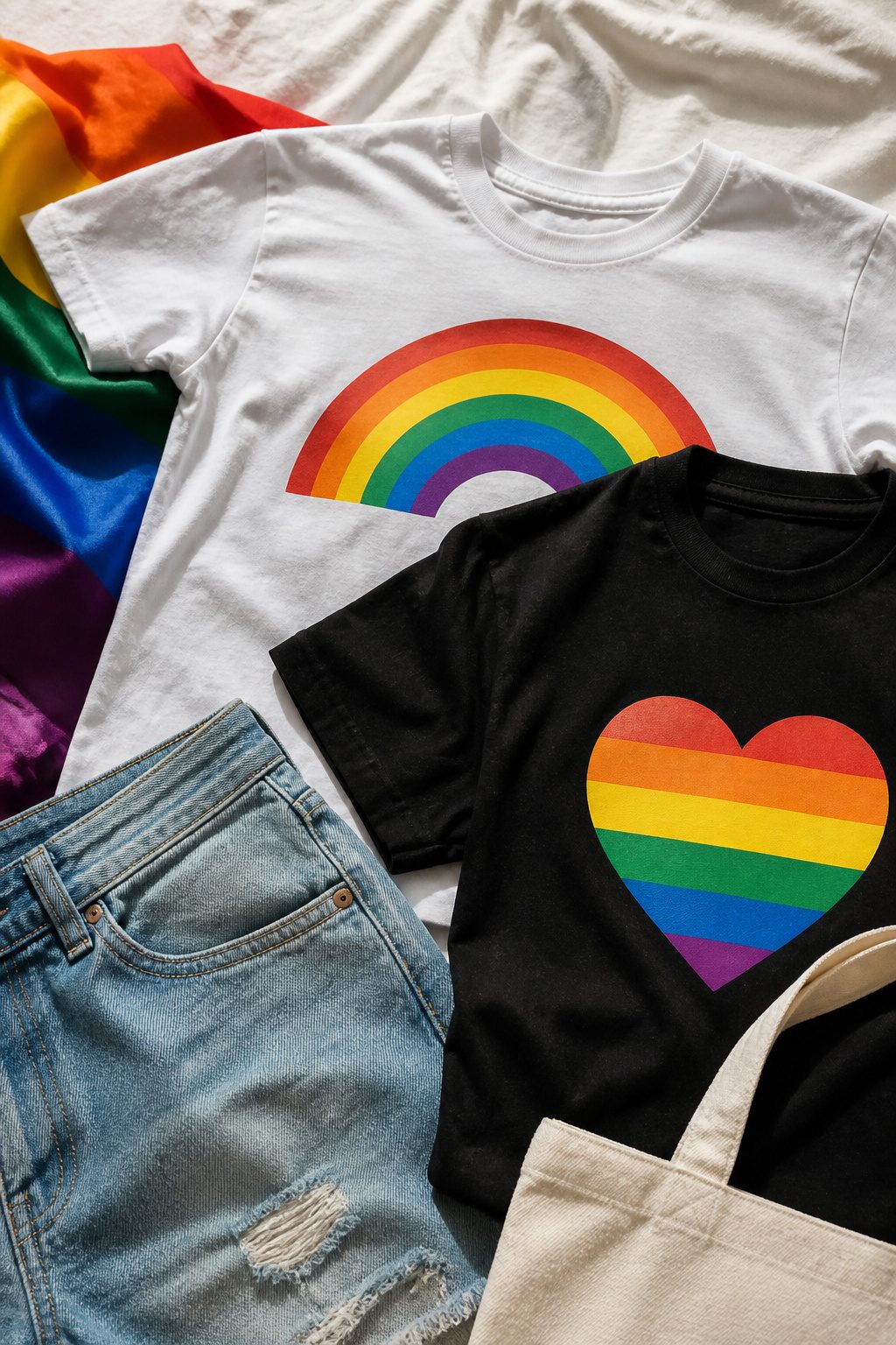 A still life of graphic tees featuring pride-themed designs.