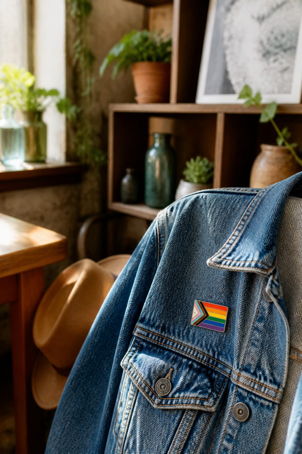 A close-up of a denim jacket with a progress pride pin on the chest.