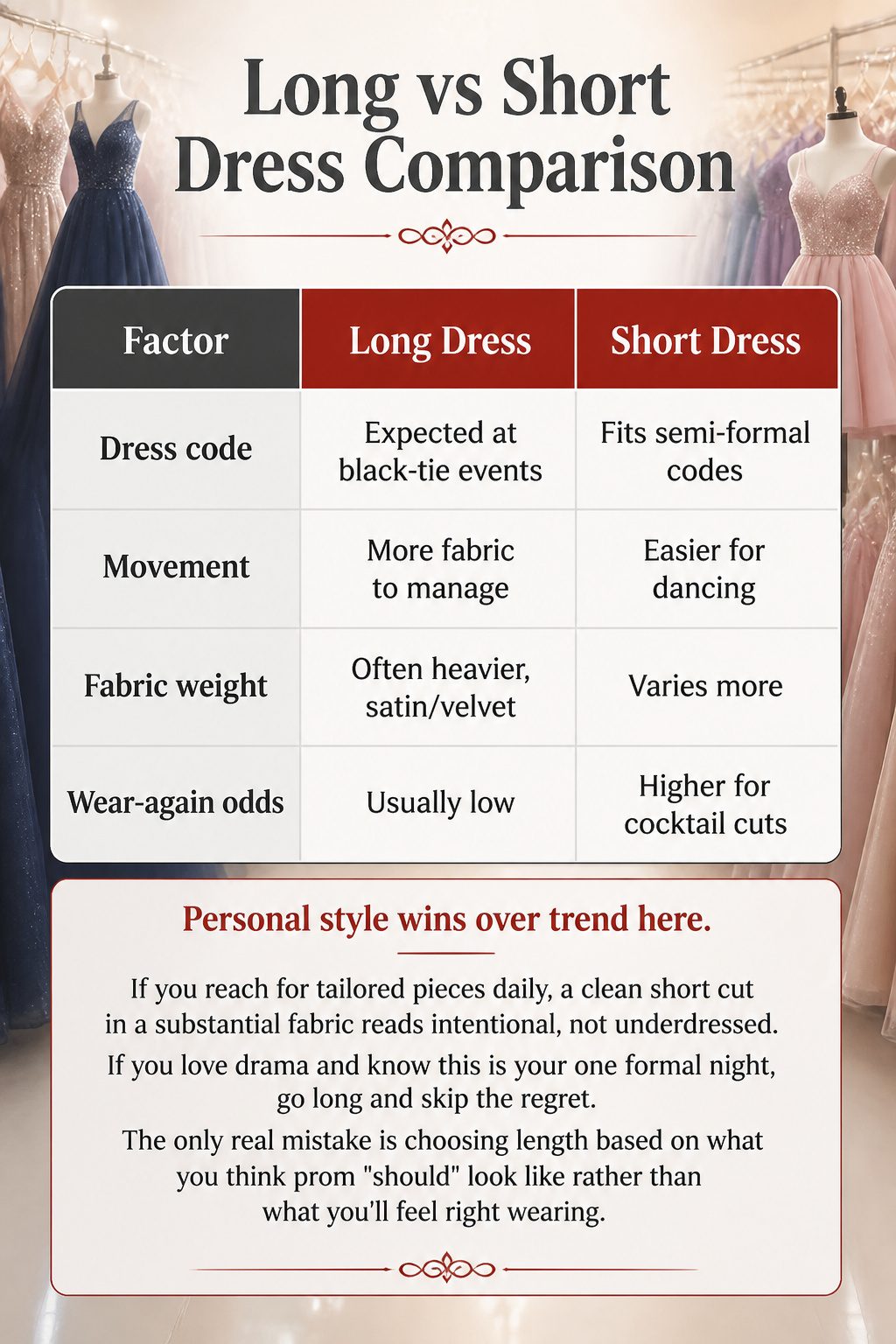 Prom Dresses 2026: 10 Styles for Every Body and Budget 14 A chart comparing long and short prom dresses with various factors.