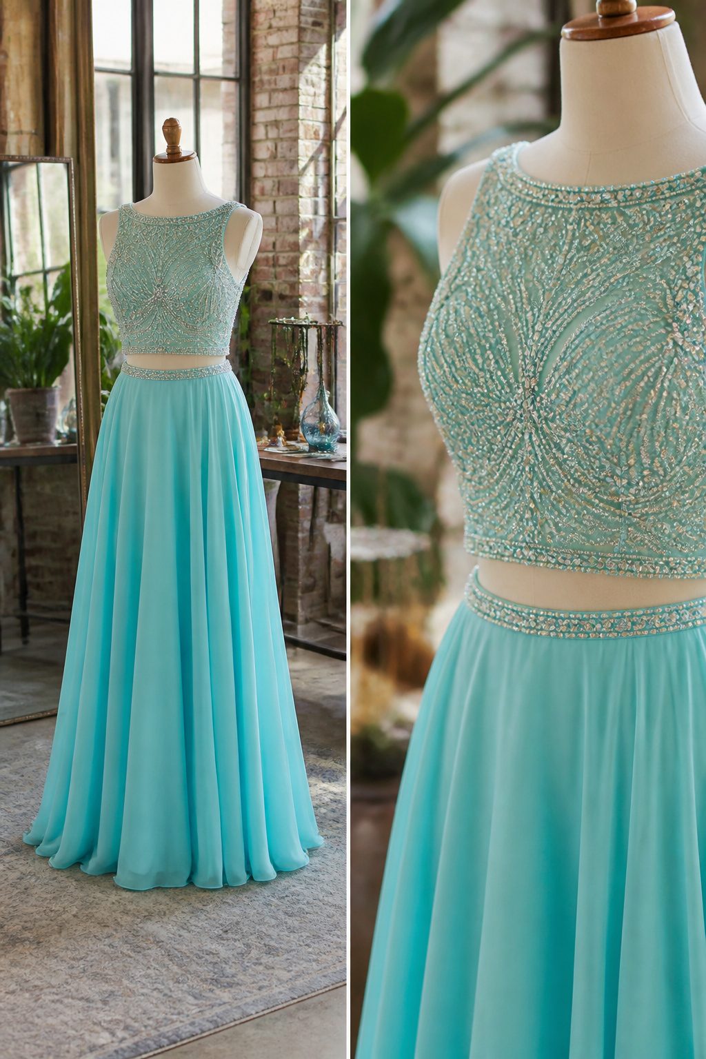 Prom Dresses 2026: 10 Styles for Every Body and Budget 9 A two-piece prom dress featuring a crop top and matching skirt.