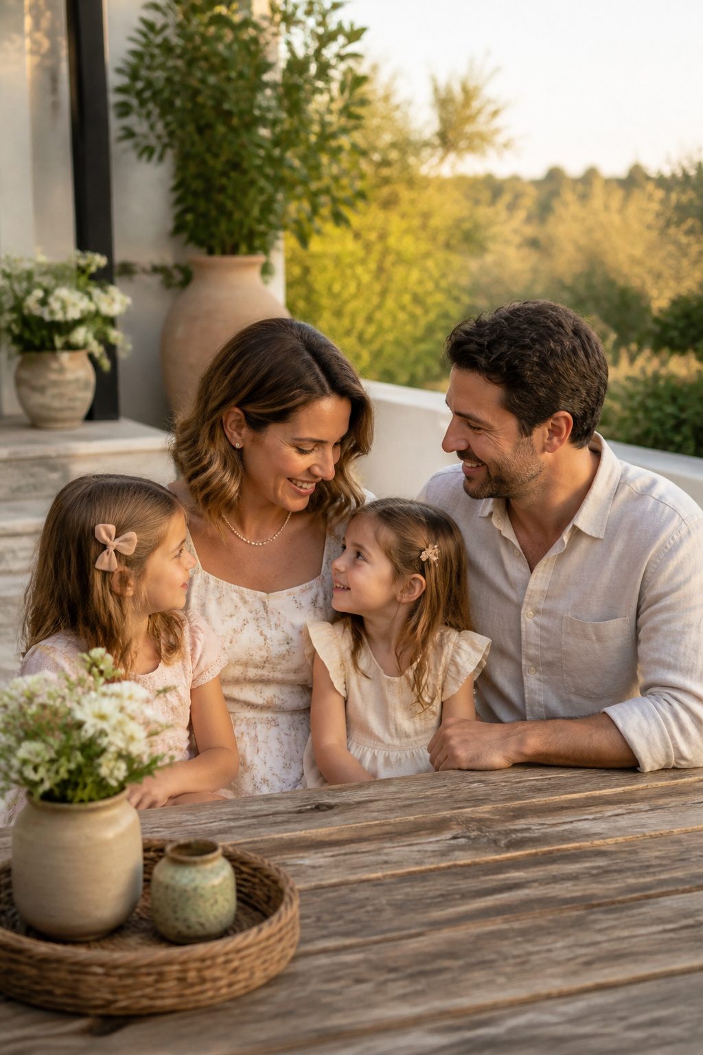 Family wearing simple accessories, including a pearl necklace and stud earrings.